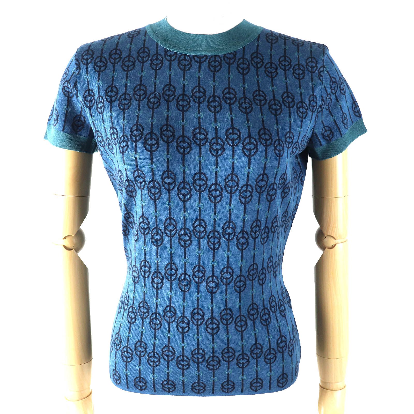 極美品△HERMES エルメス 22SS 2E2601D4 シルク シェーヌダンクル クリケティス柄 クルーネック 半袖ニット ブルー ブラック 40 イタリア製 正規品 レディース オススメ◎ 極美品△HERMES エルメス 22SS 2E2601D4 シルク シェーヌダンクル