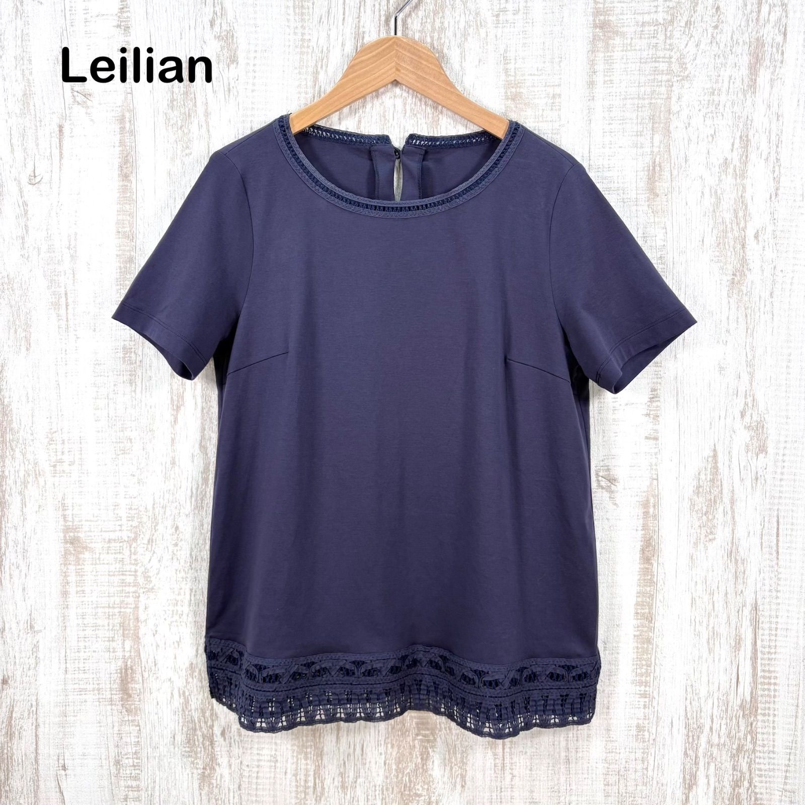 【未使用】【新古品】Leilian 　レリアン　トップス　ネイビー　半袖トップス　春夏　13＋号　LLサイズS28＿s-1197-r28 SALE！レリアン ネイビー 半袖 トップス カットソー レース装飾 タグ