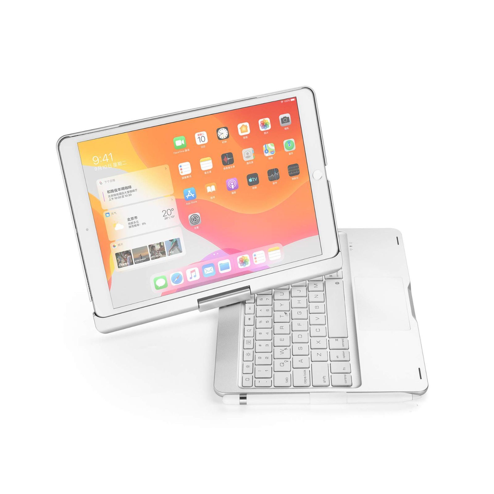 【数量限定】タッチパッド搭載 Pro10.5インチ用のキーボードケース 7色のバックライト Air3 9世代/ 一体型 8 ワイヤレス 10.2インチ第7 Bluetoothキーボード iPad (銀（360°回転）) 360度回転