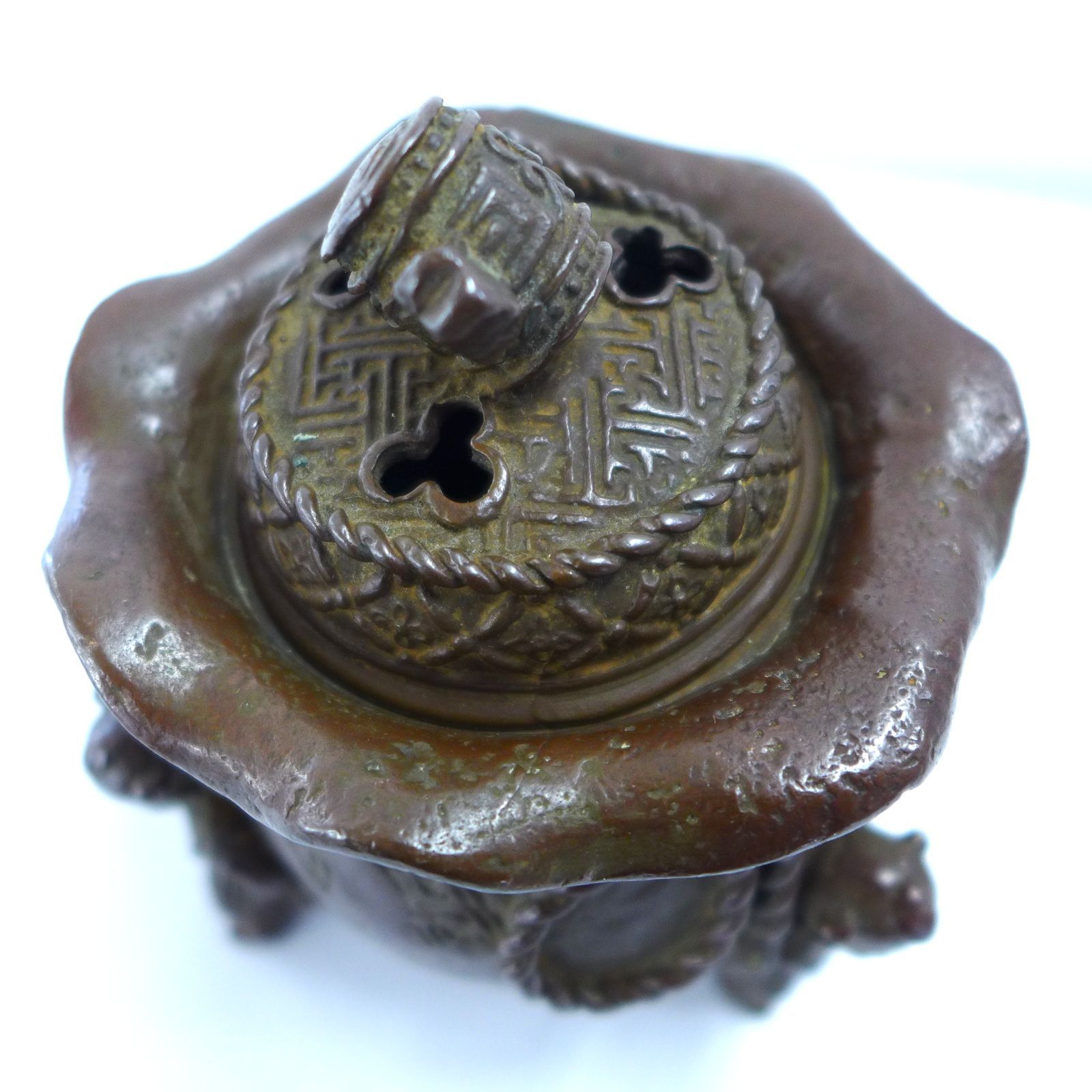 江】二上常太郎 元威 巾着形小槌摘人形三足蝋型鋳銅香炉 高さ11㎝ 在銘