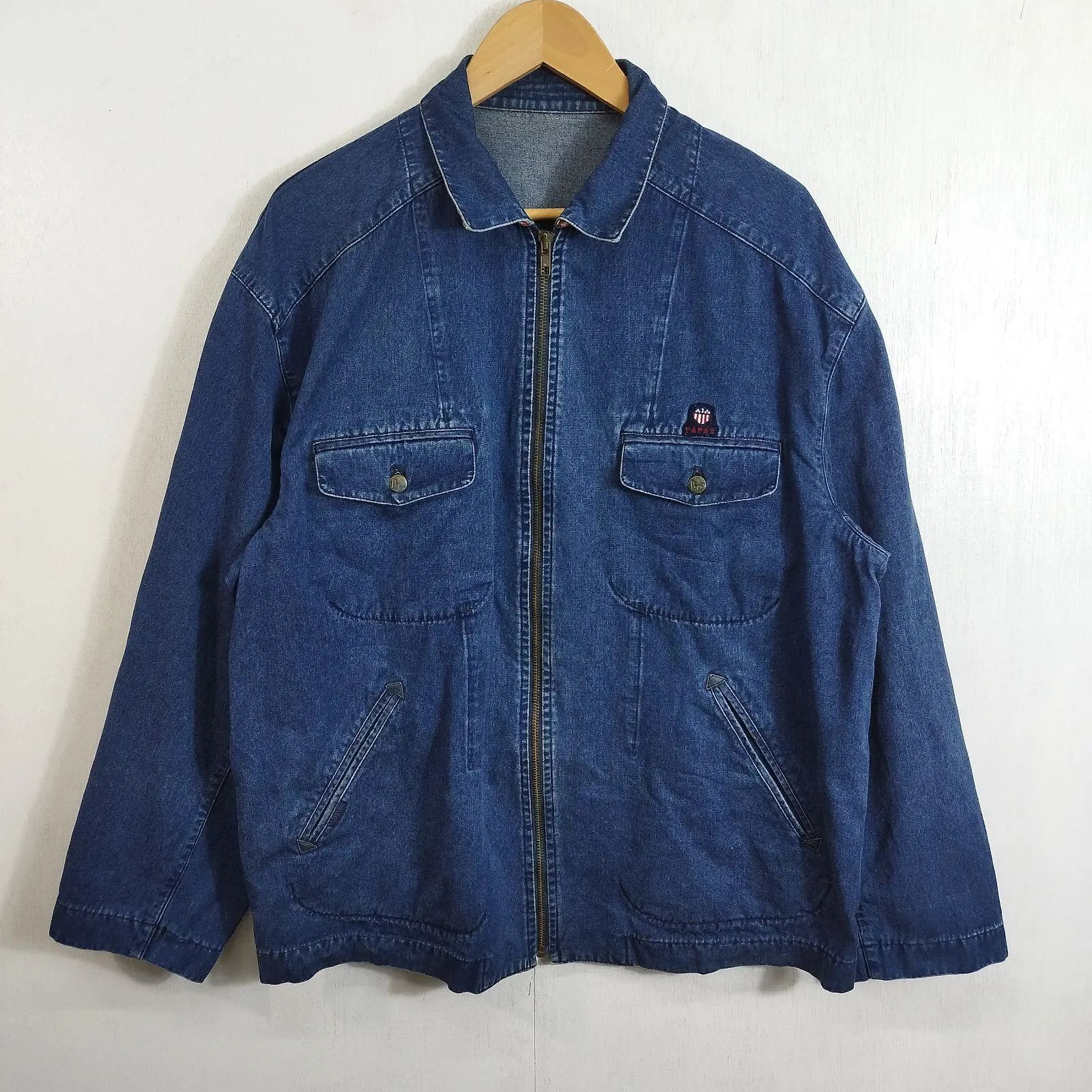 80s PAPAS パパス ジップアップ デニムジャケット ギンガムチェック 