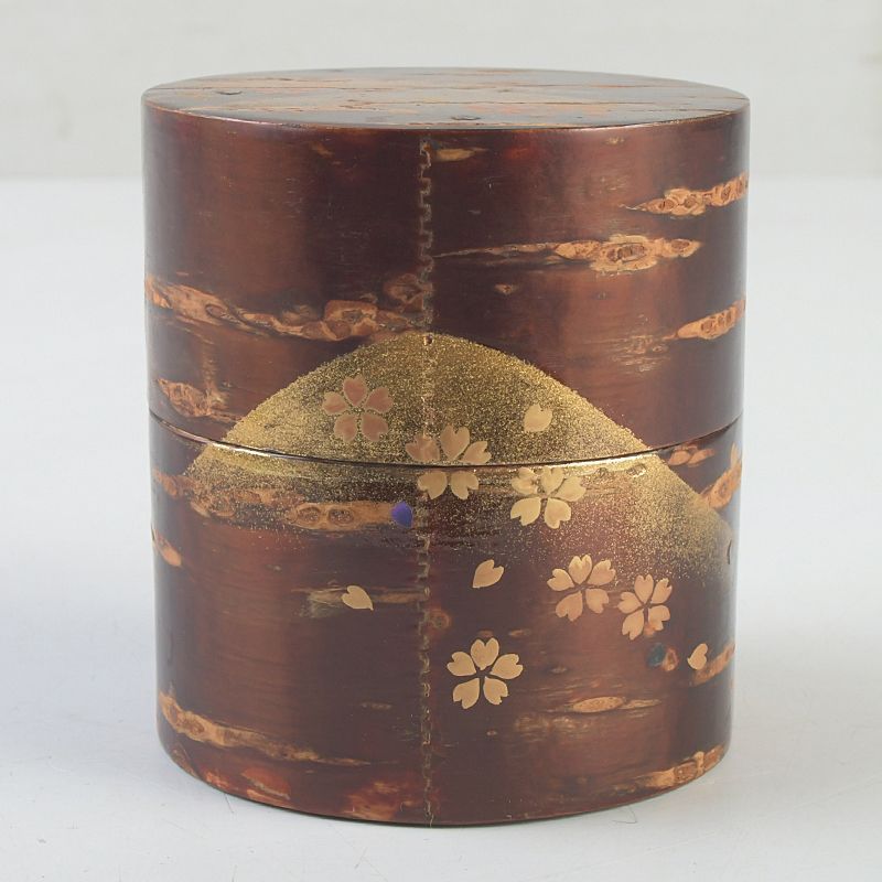 茶道具 越前塗 中出松峰作 螺鈿装飾 遠山桜蒔絵 桜中次 棗 共箱 V S844 
