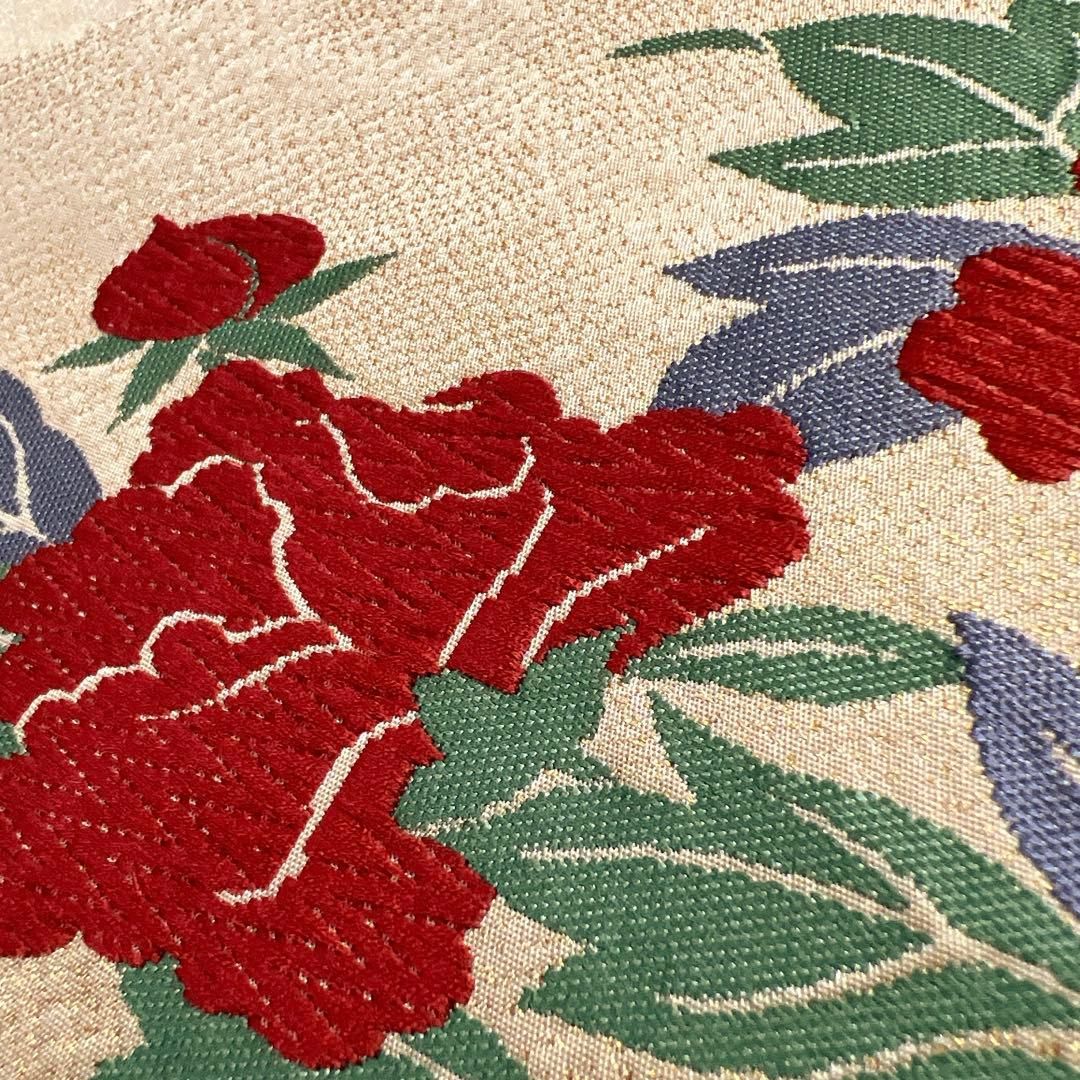 名古屋帯　唐織　牡丹　菊花　扇　金糸　ベージュカラー　着物　023tz 名古屋帯 唐織 牡丹 菊花 扇 金糸 ベージュカラー 着物 023tz - メルカリ