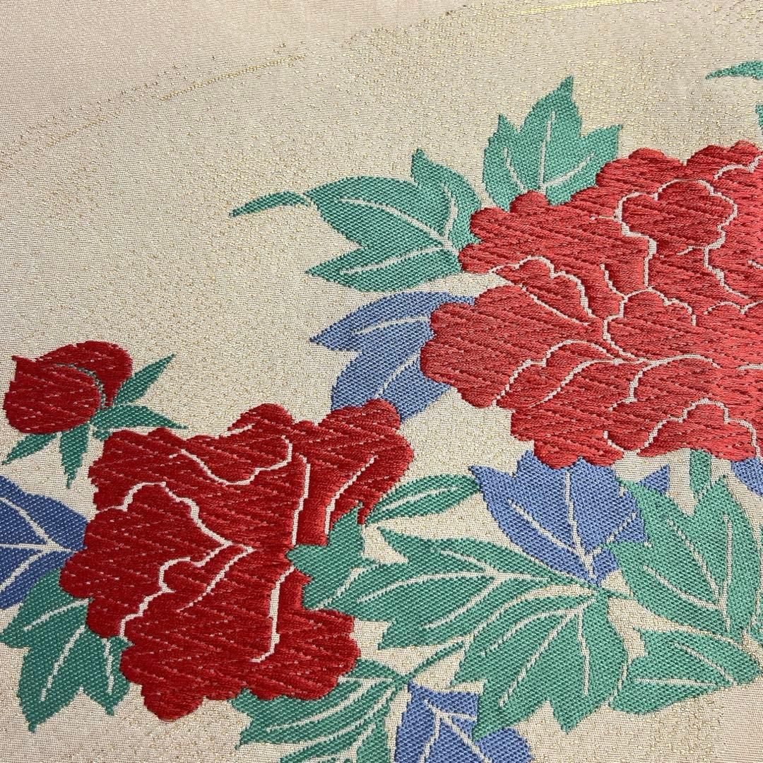 名古屋帯 唐織 牡丹 菊花 扇 金糸 ベージュカラー 着物 023tz - メルカリ