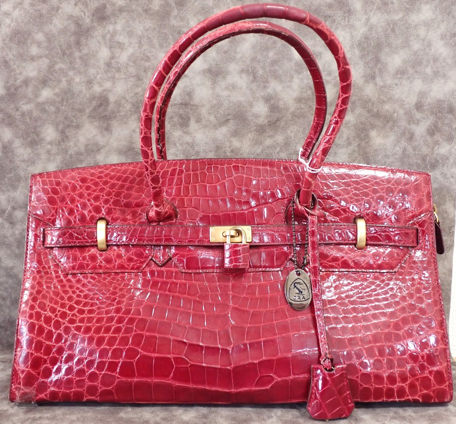JRA認定】SANPO 三宝 クロコダイル ハンドバッグ シャイニーボルドー 