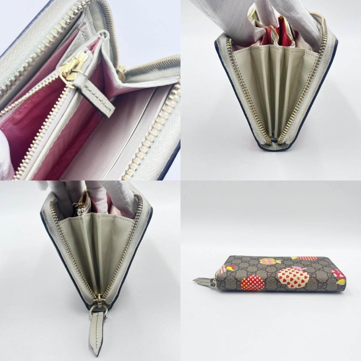 グッチ GUCCI 長財布 レ ポム ジップアラウンド ウォレット GGスプリームキャンバス レザー ベージュ×ホワイト×レッド×ピンク ゴールド金具 アップル リンゴ 663924  【箱】【中古】 GUCCI - GUCCI（グッチ）レ ポム ジップアラウンドウォレット 長財布