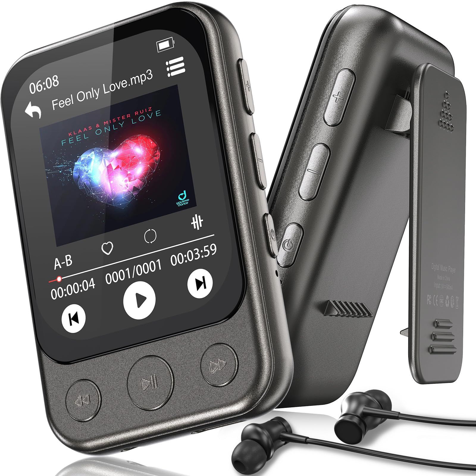 64GB クリップ式 MP3プレーヤー Bluetooth 5.3 スピーカー内蔵 2インチ