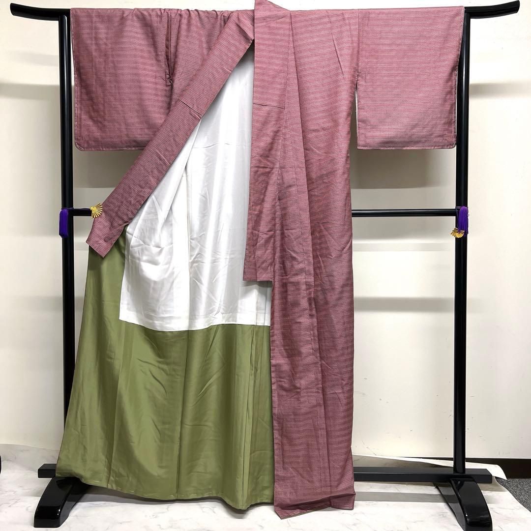 小紋 亀甲模様 横縞 身丈165.5 裄65.5 正絹 着物 024tz 小紋 正絹 着物