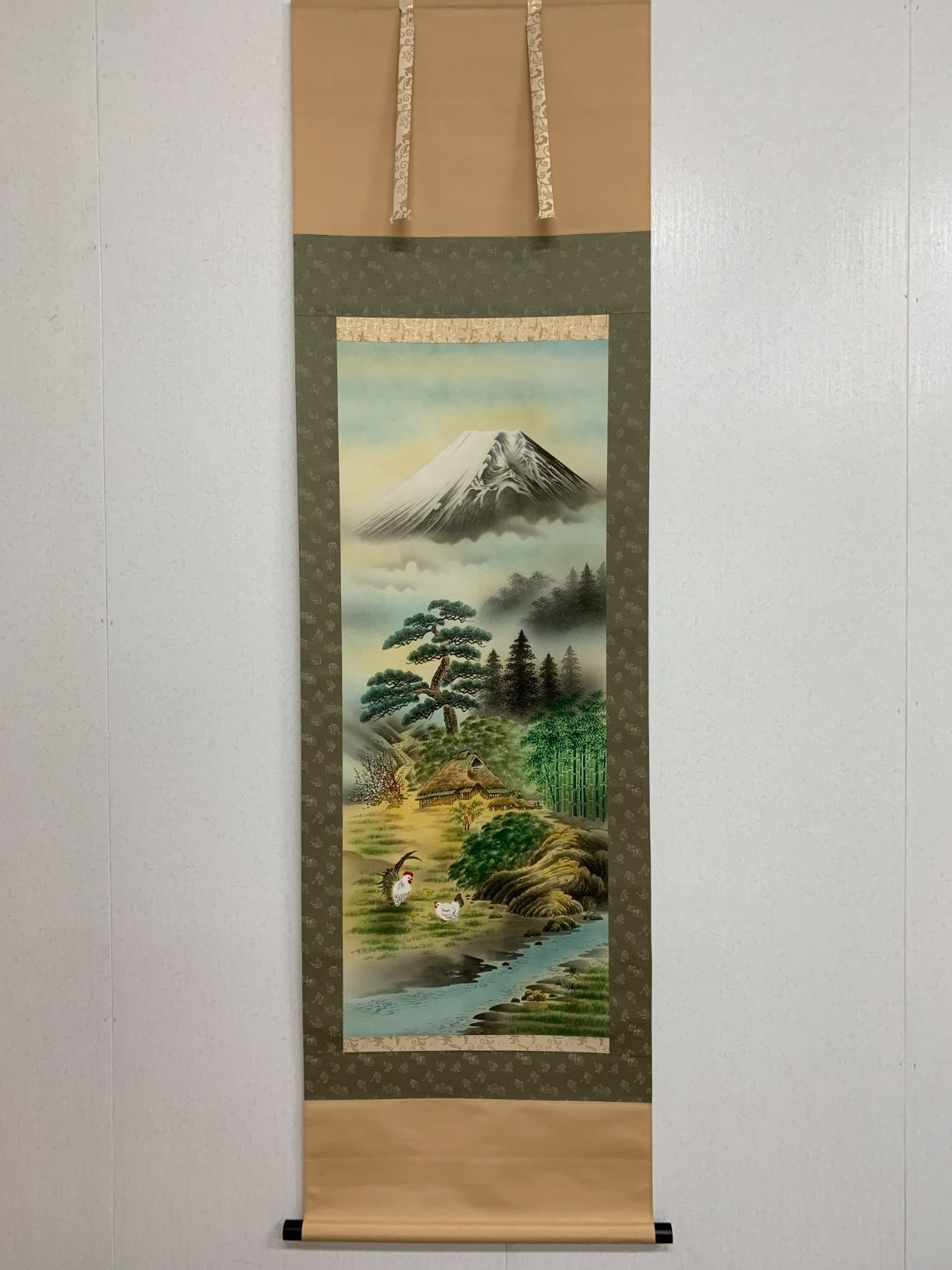 掛け軸 森契雪 作 『 富岳渓桜 』 絹本 希少 軸装 茶道具 掛軸 美品