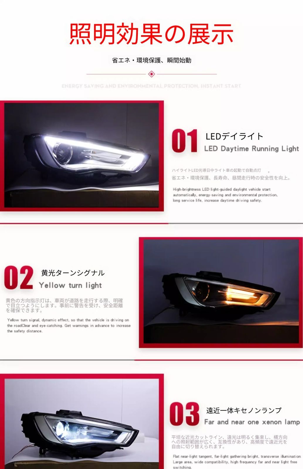 送料無料 アウディ A3 / A3  2013-2016 年式 専用 ヘッドライト アッセンブリー LED デイタイムランニングライト デュアルプロジェクター キセノン ドレスアップ カスタムパーツ ABS製 交換用 左右