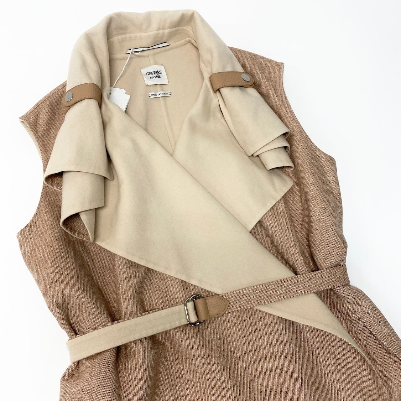 未使用 HERMES エルメス カシミヤ ダブルフェイス ロング ベスト スリーブレス ラップコート ジレ ベルト アウター 34 ベージュ レディース 古着 中古 USED HERMES - 未使用 HERMES エルメス カシミヤ ダブルフェイス ロング