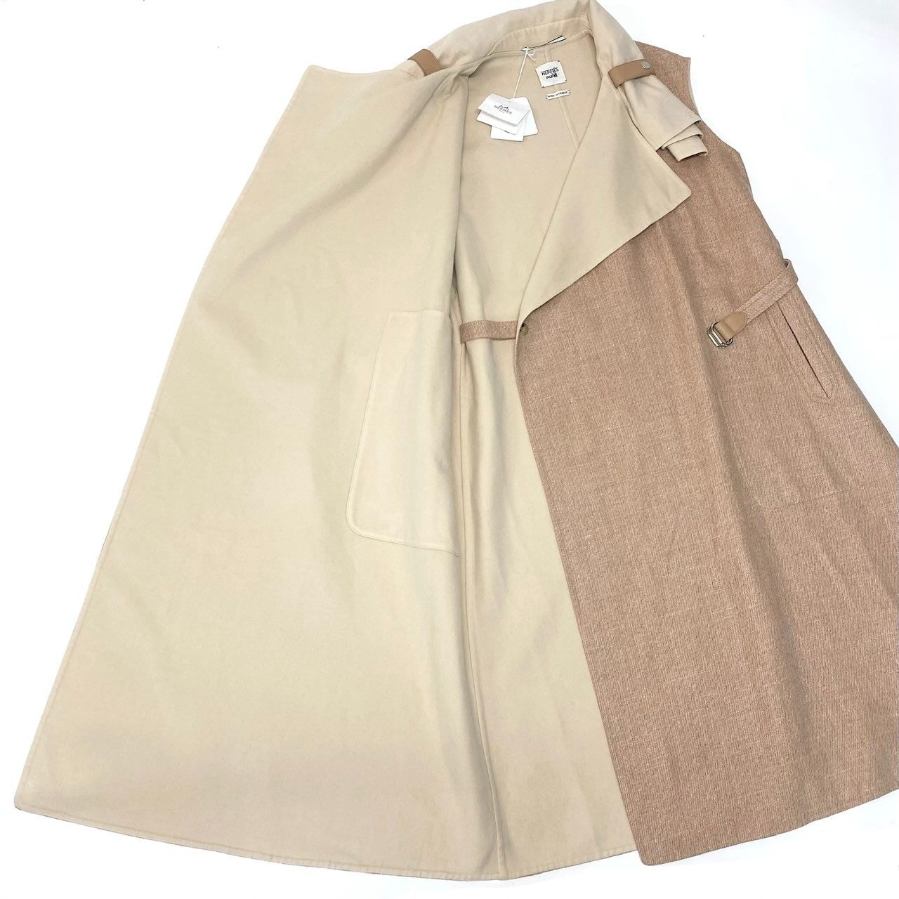 未使用 HERMES エルメス カシミヤ ダブルフェイス ロング ベスト スリーブレス ラップコート ジレ ベルト アウター 34 ベージュ レディース 古着 中古 USED HERMES - 未使用 HERMES エルメス カシミヤ ダブルフェイス ロング