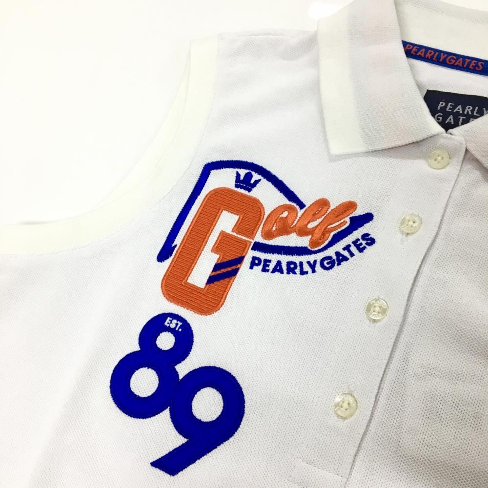 新品】パーリーゲイツ ノースリーブポロシャツ 白×ブルー ロゴ刺しゅう 