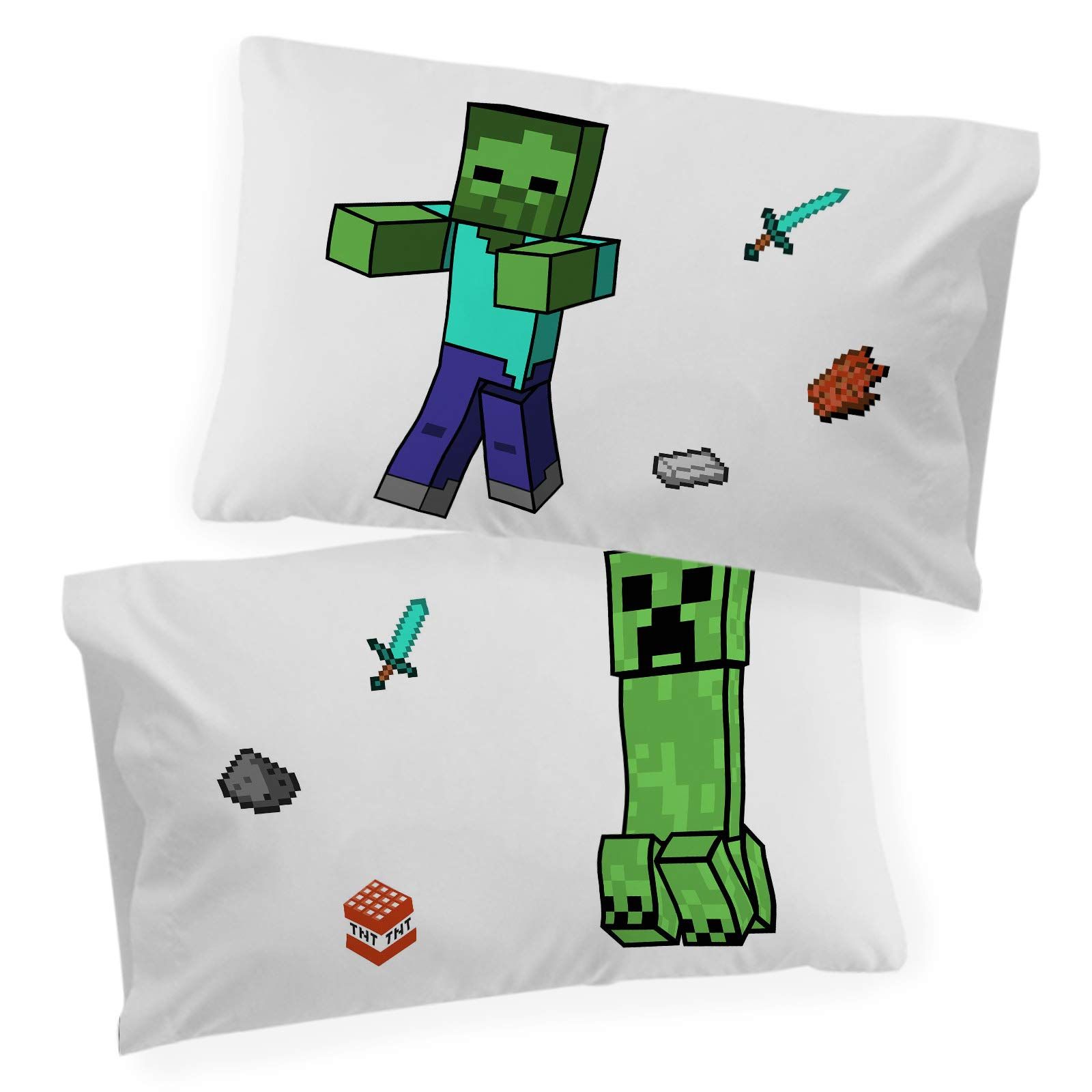 Jay Franco Minecraft Nighttime Glow in The Dark リバーシブル枕カバー 2枚パック クリーパーとゾンビが特徴 - 両面 キッズ スーパーソフト寝具 (Minecraft 公式製品)