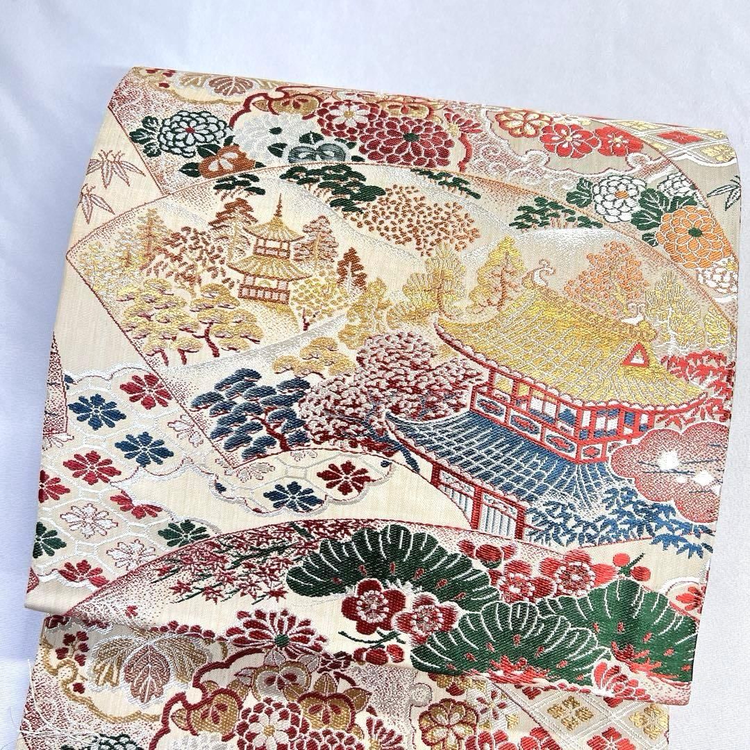 丸帯 アンティーク 建物 扇 松竹梅 菊花 蜀江紋 着物 033tz