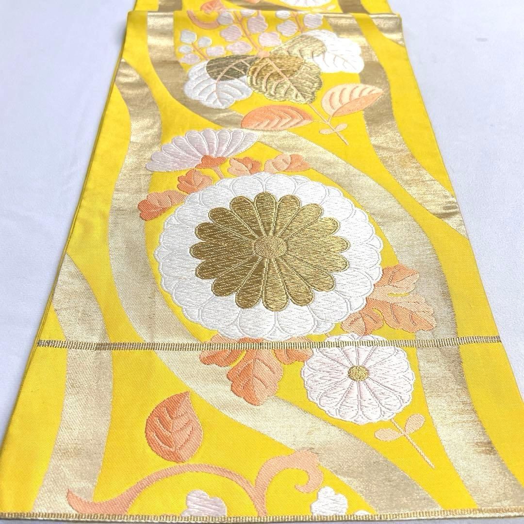 袋帯 菊花 唐草模様 唐花模様 白地 金糸 着物 033tz 【公式通販】