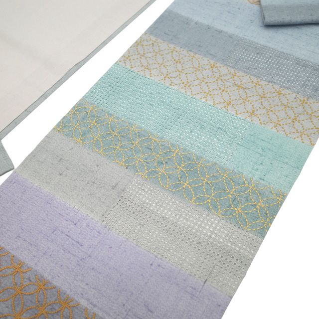 名古屋帯 紬 刺し子刺繍 汕頭刺繍 正絹 リサイクル グレー グリーン 紫 ブルーグレー 七宝 カジュアル 中古 仕立て上げ みやがわ sb55354 メルカリ