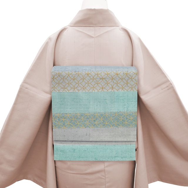 名古屋帯 紬 刺し子刺繍 汕頭刺繍 正絹 リサイクル グレー グリーン 紫 ブルーグレー 七宝 カジュアル 中古 仕立て上げ みやがわ sb55354 メルカリ