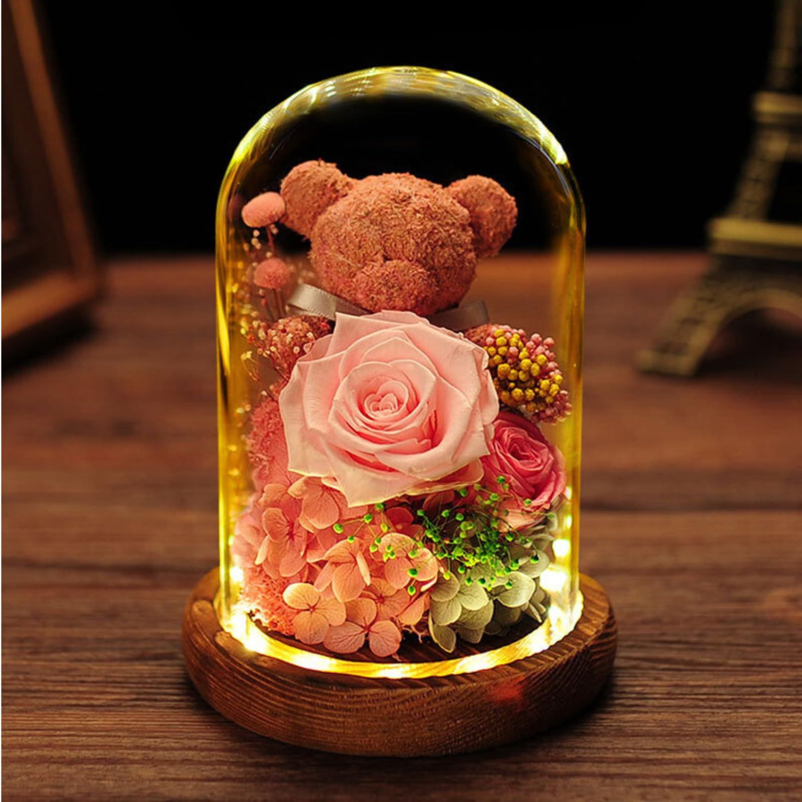 【迅速発送】【フローラルフォーエバー】バラ プリザーブドフラワー 薔薇 熊 ギフトボックス入り プレゼント 枯れない花 かわいい 長持ち 誕生日 母の日 退職祝い 卒業祝い 結婚祝い インテリア ガラスドーム LEDライト付き 手提げ袋 メッセージカード付(バ
