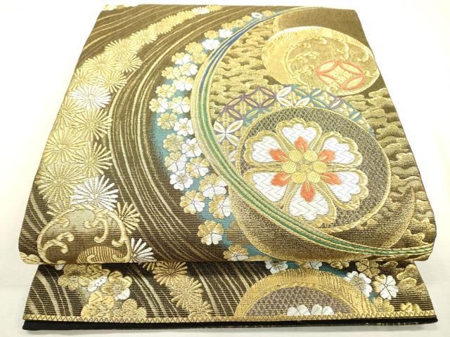 平和屋着物●六通柄袋帯　唐織　流水花文　金糸　正絹　逸品　CABB9207hy 平和屋着物▽六通柄袋帯 唐織 流水花丸文 金糸 正絹 逸品 DABD5551fe