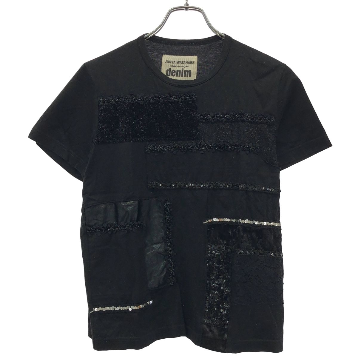 JUNYA WATANABE COMME des GARCONS DENIM ジュンヤワタナベコムデギャルソンデニム 14AW スパンコールパッチワークTシャツ XN-T004 ブラック M JUNYA WATANABE COMME des GARCONS DENIM ジュンヤワタナベ