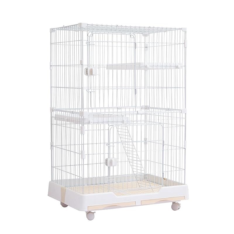PETTOM 猫ケージ キャットケージ 幅82cm 2/3段 ペット 猫 キャットゲージ キャット タワー 収納 キャスター 付 脱走防止扉 頑丈 檻 ねこ ネコケージ コンパクト ハンモック 多頭飼い (ホワイト 2段) 1