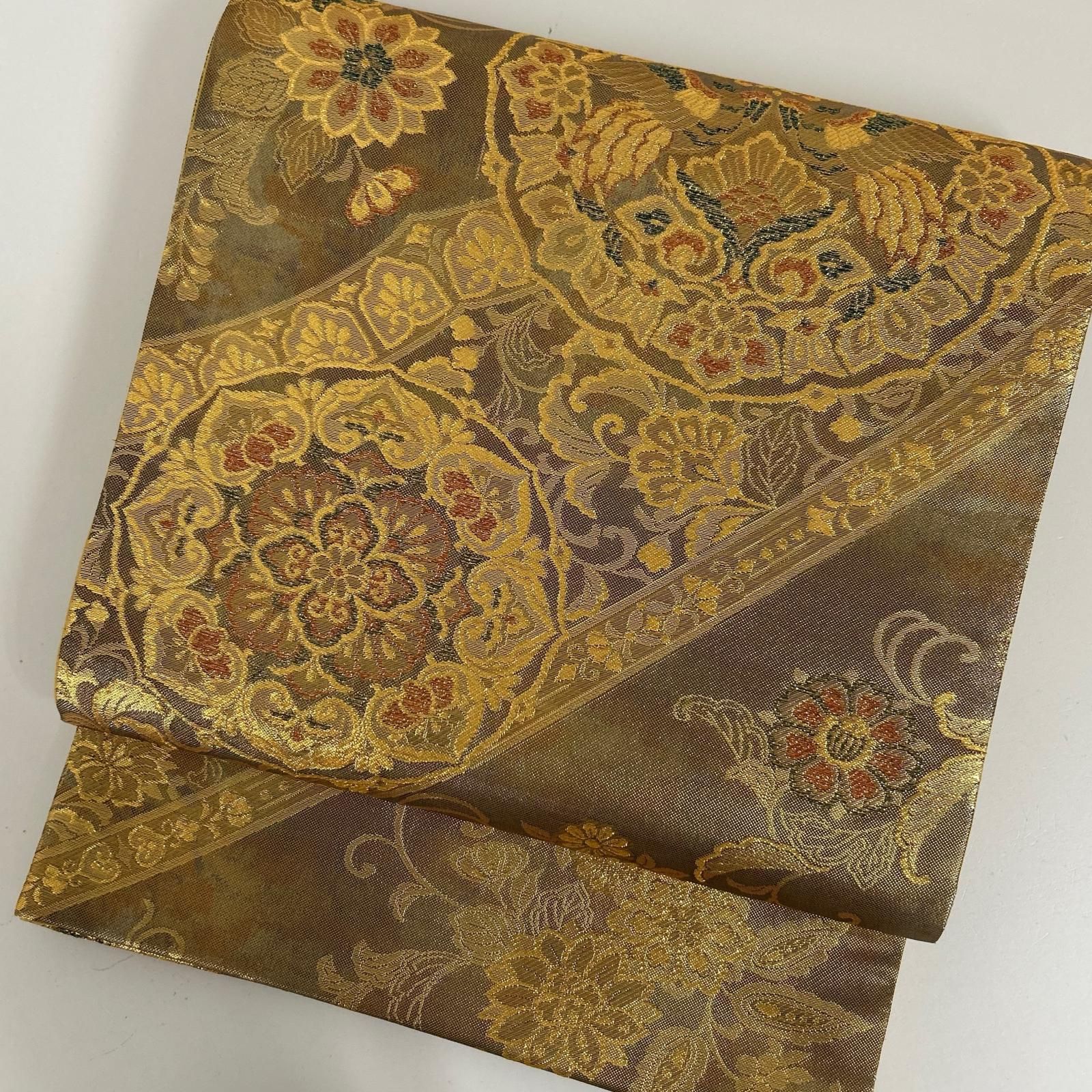 美品【正絹逸品】金糸織込み【正倉院格天井華文】袋帯ガード加工 正倉
