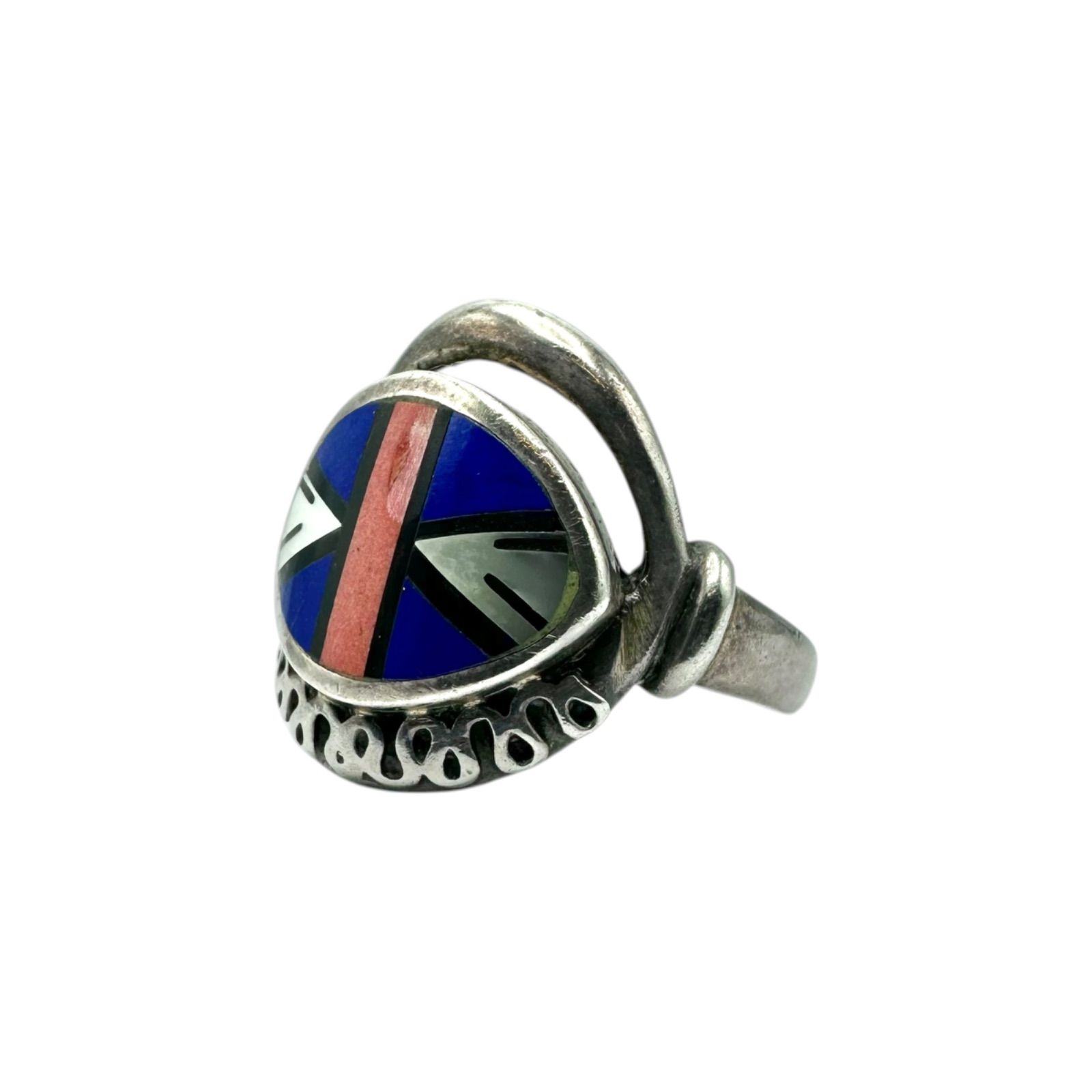 豊かな色彩】 ズニ族 インレイ Silver 925 刻印 Design Ring シルバー