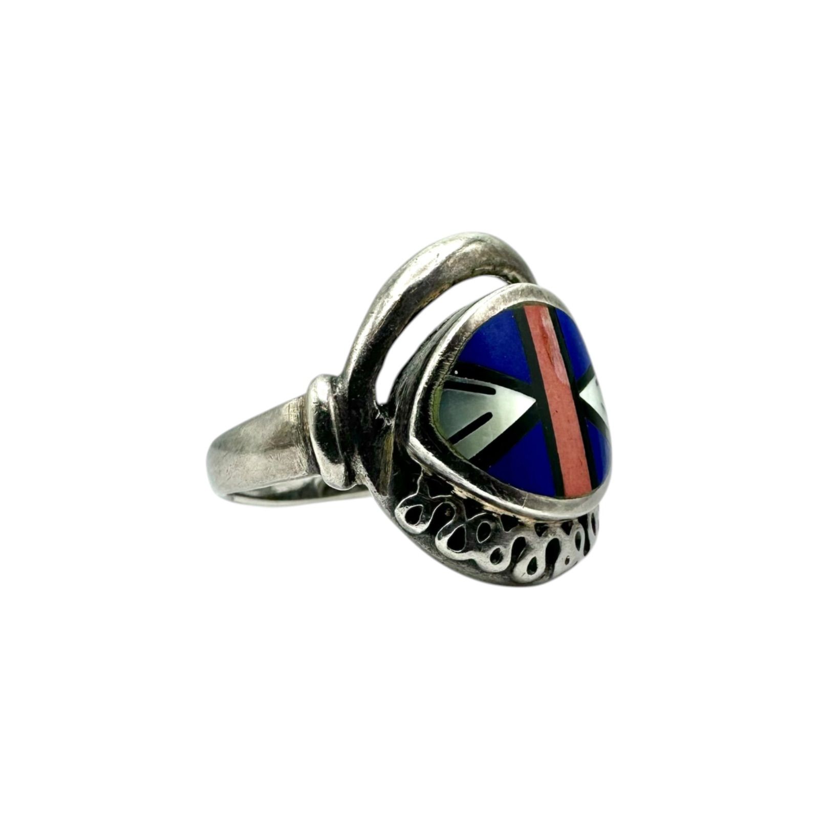 豊かな色彩】 ズニ族 インレイ Silver 925 刻印 Design Ring シルバー