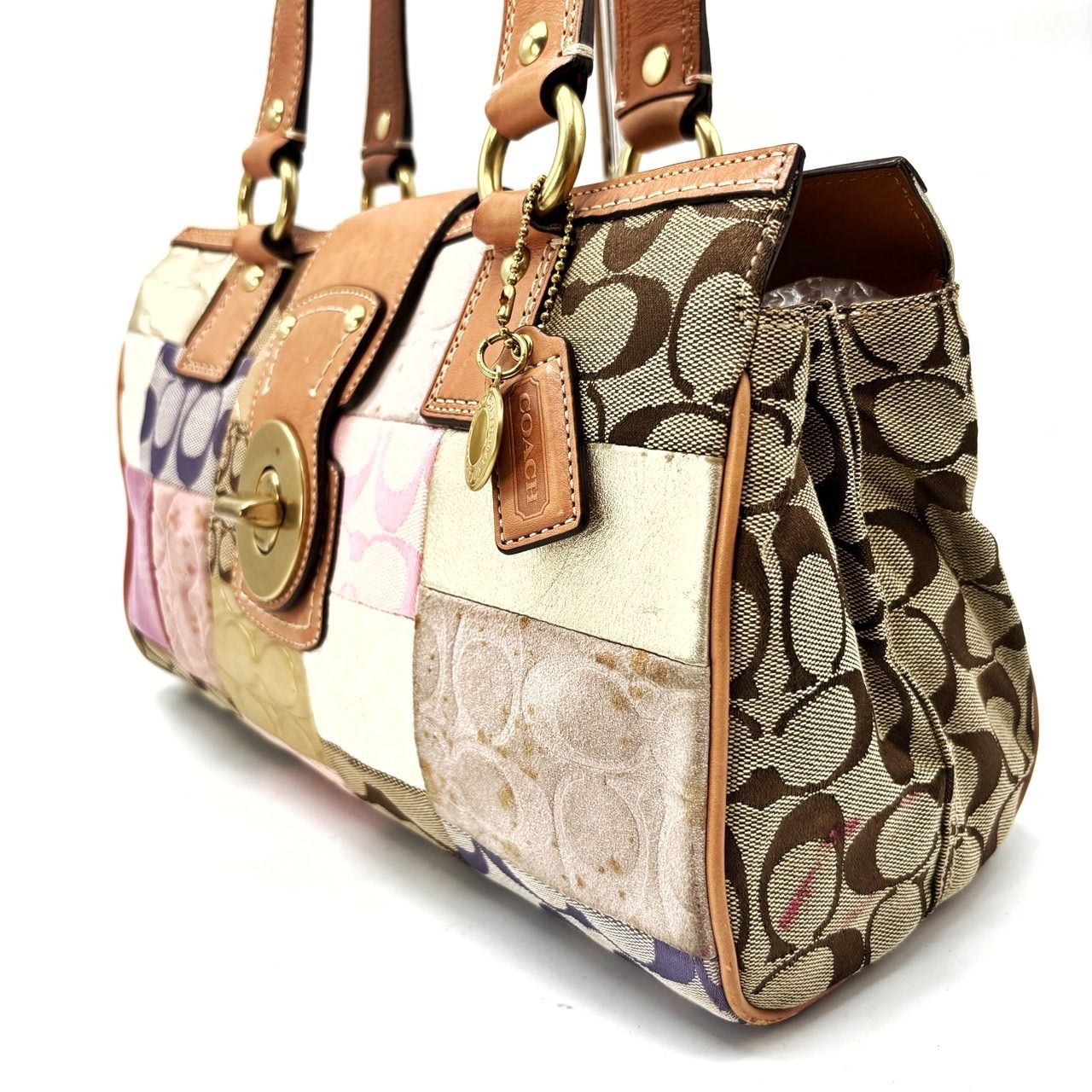 良品】coach y2k patchwork turn-lock signature canvas totebag mulch 