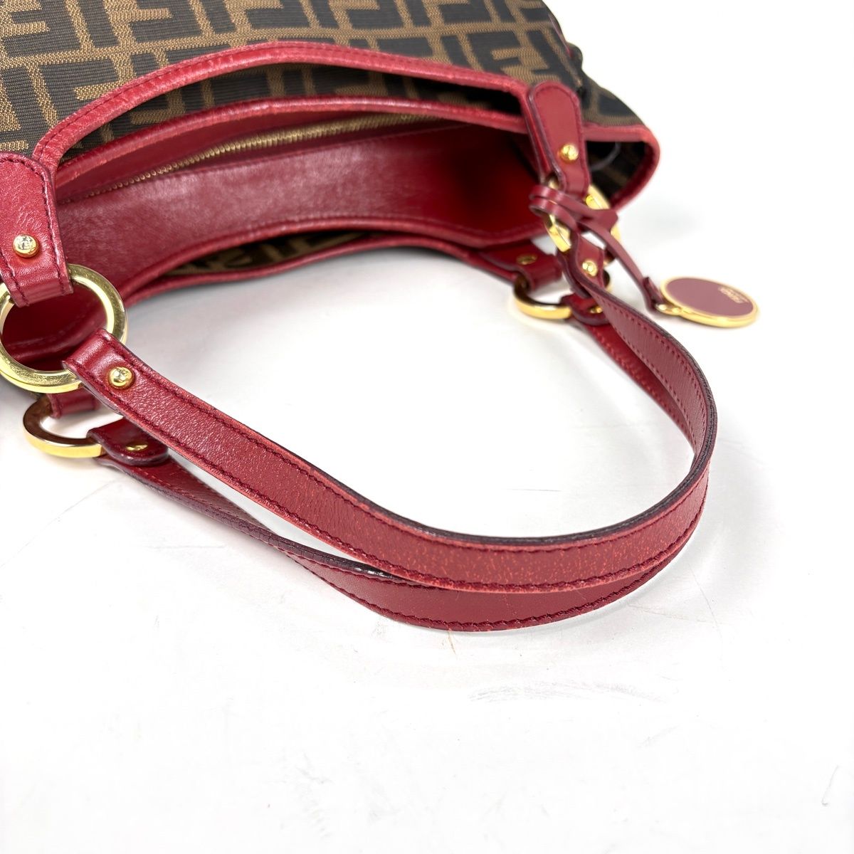 フェンディ FENDI ズッカ柄 ハンドバッグ キャンバス ブラウン レッド