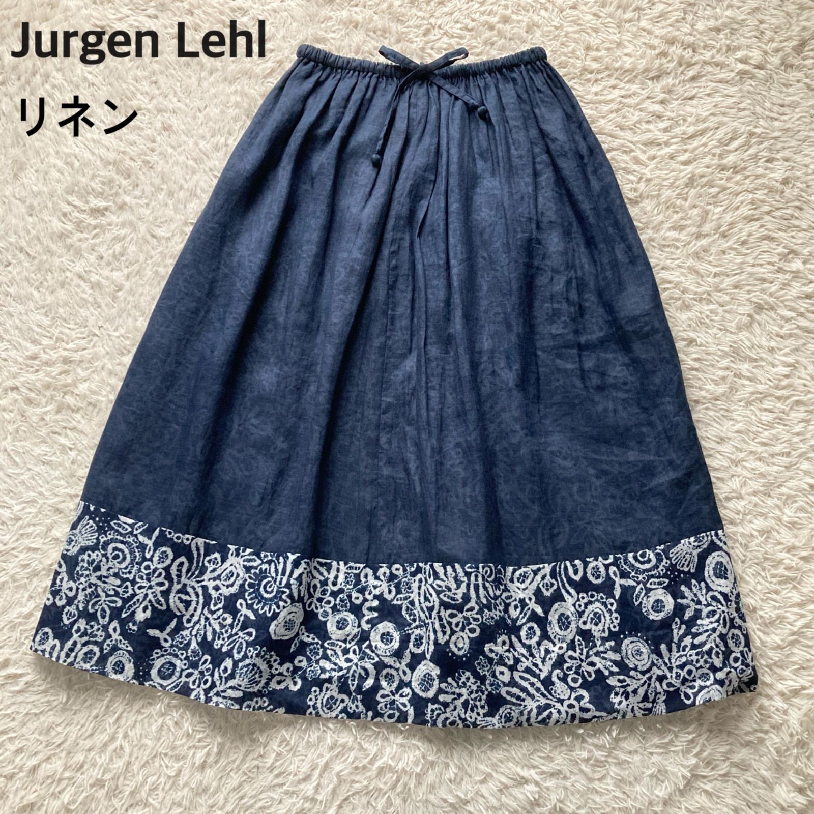 JURGEN LEHL ヨーガンレール フレアスカート ネイビー 麻100% JURGEN LEHL ヨーガンレール フレアロングスカート ネイビー 紺 M