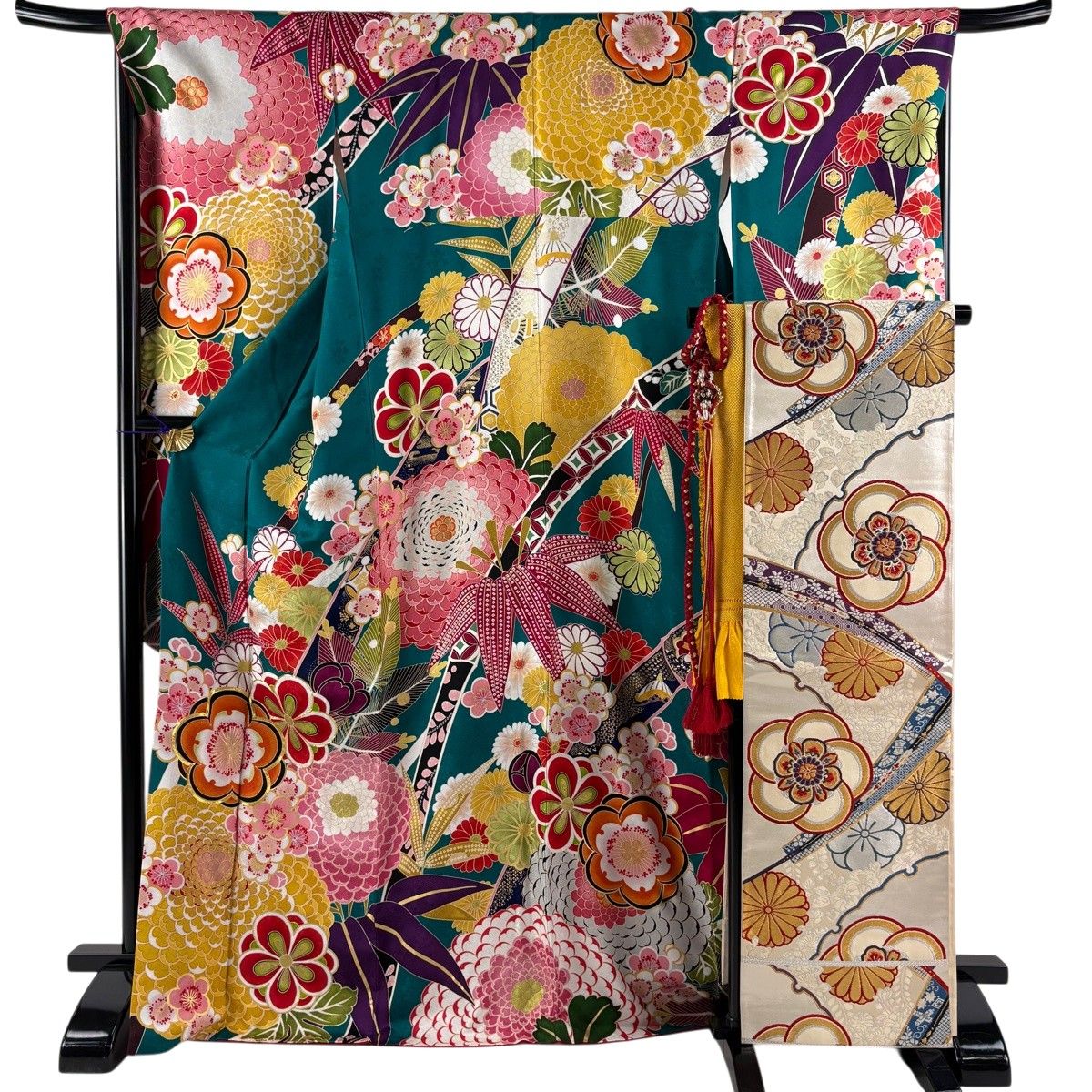 振袖 身丈171.5cm 裄丈68cm 正絹 名品 【中古】 振袖 身丈171.5cm 裄丈68cm L 袷 袋帯フルセット 松竹梅 菊 金糸 金彩