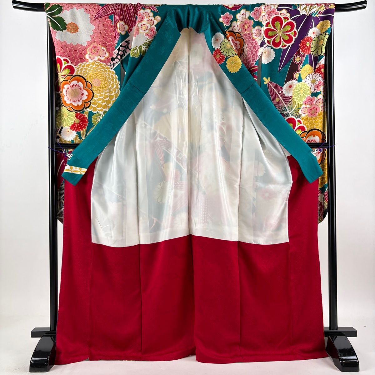 振袖 名品 身丈171cm 裄丈68cm 正絹 【中古】 振袖 身丈171cm 裄丈68cm L 袷 桜 菊 金通し 金彩 えんじ色 正絹