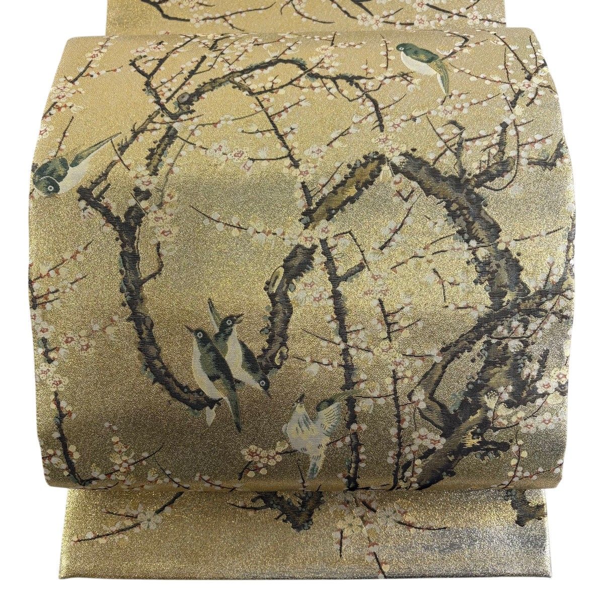 【美品】 丸帯 逸品 日本の宝 壱阡八百口織 枝梅 鶯 金糸 箔 金色 お太鼓柄 正絹 【中古】