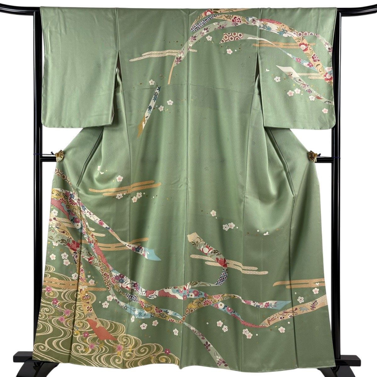 振袖 秀品 草花 鴛鴦 金糸 金彩 薄緑 袷 161cm 66cm M 正絹 【中古】 ☆