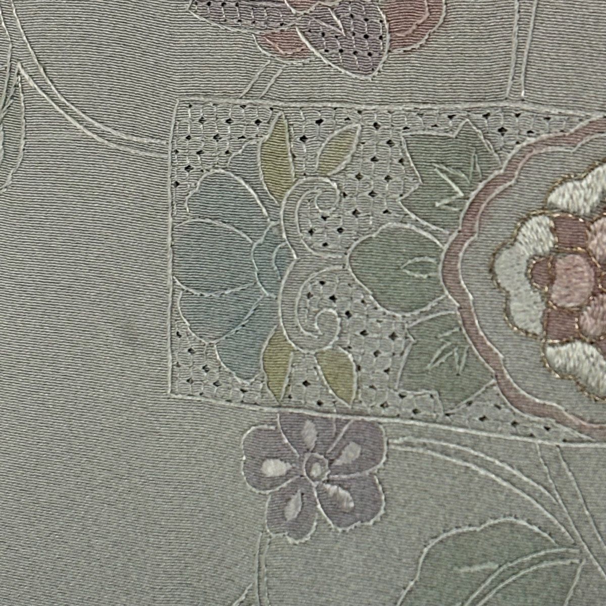 訪問着 身丈160cm 裄丈64.5cm M 袷 花唐草 刺繍 金糸 青灰色 正絹 秀品 