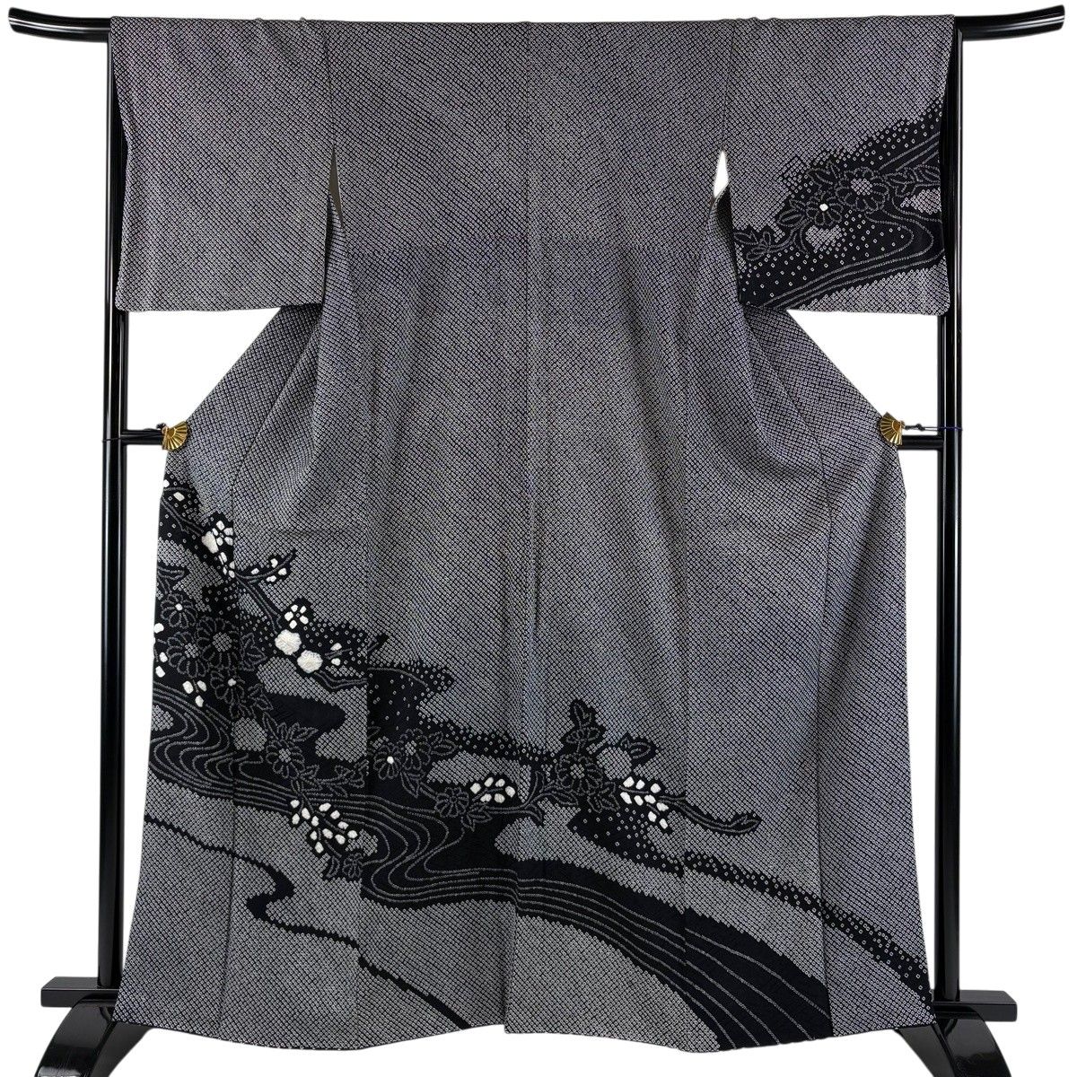 訪問着 身丈163cm 裄丈67.5cm L 袷 草花 流水 総絞り 黒 正絹 秀品