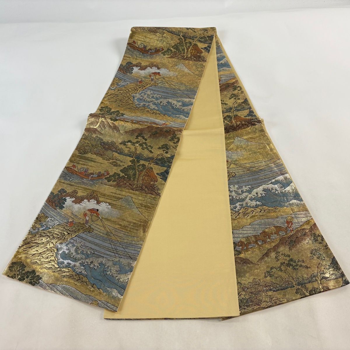 美品】 袋帯 秀品 富嶽三十六景 葛飾北斎名画集 箔 金色 全通 正絹