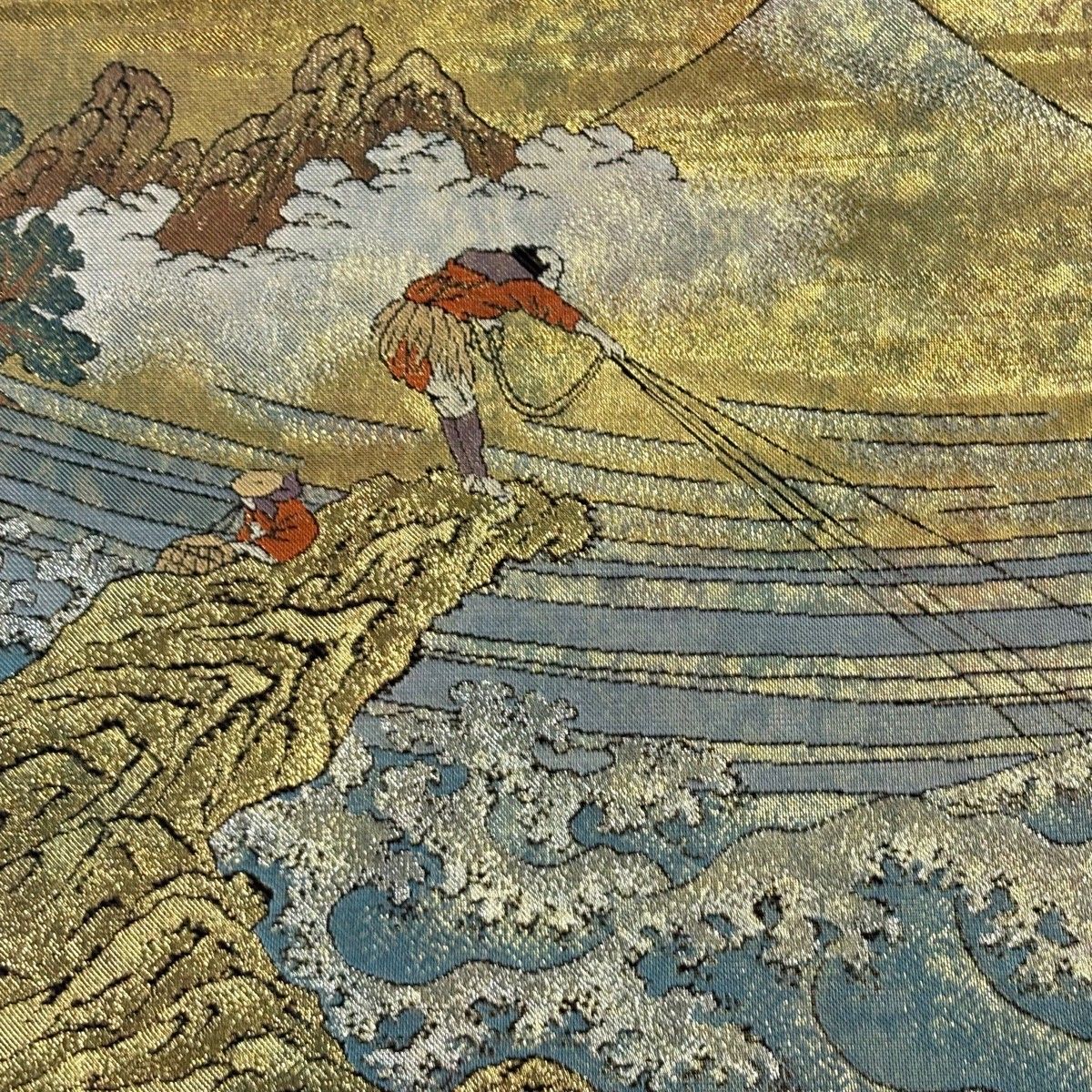 美品】 袋帯 秀品 富嶽三十六景 葛飾北斎名画集 箔 金色 全通 正絹