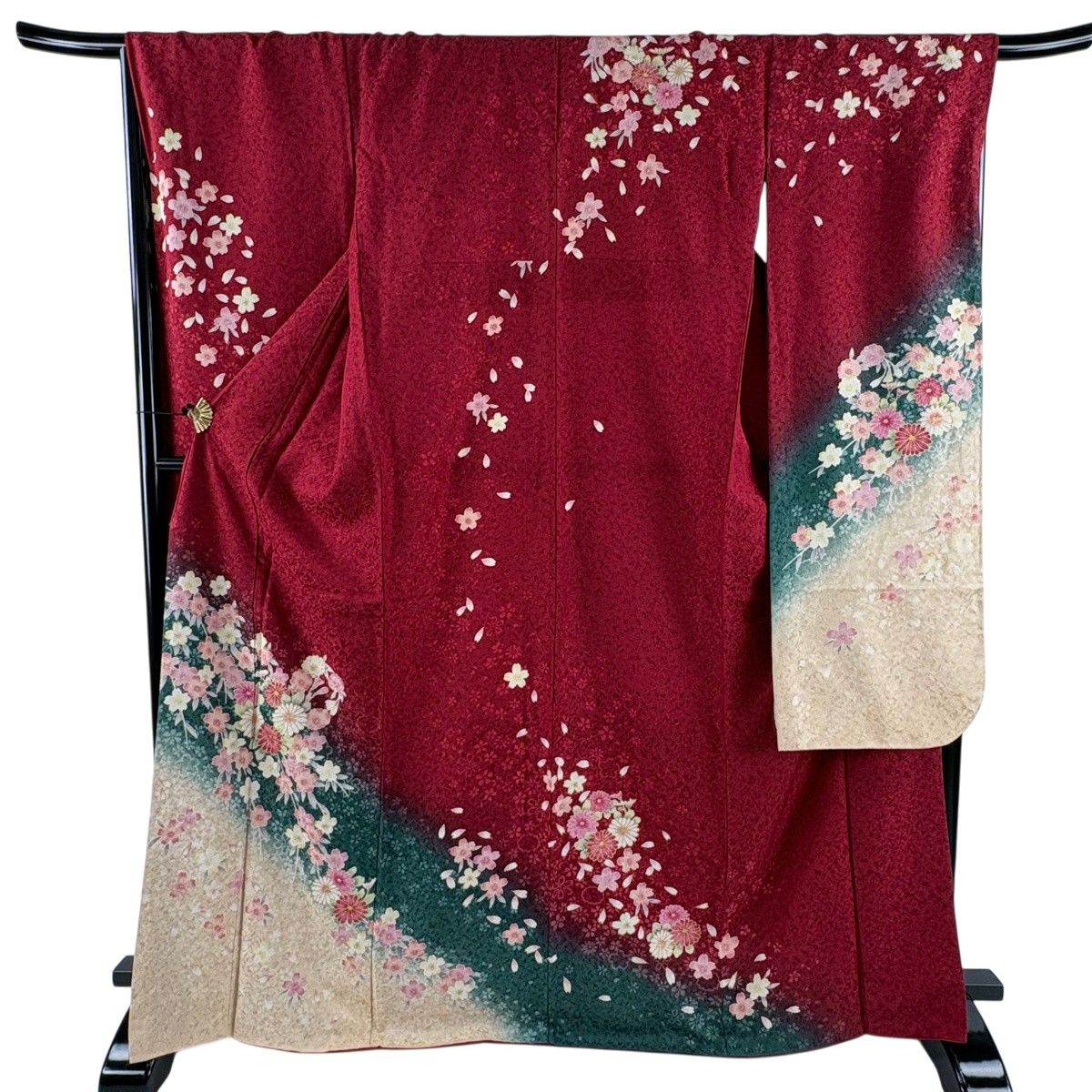 振袖 身丈171cm 裄丈68cm L 袷 桜 菊 金通し 金彩 えんじ色 正絹