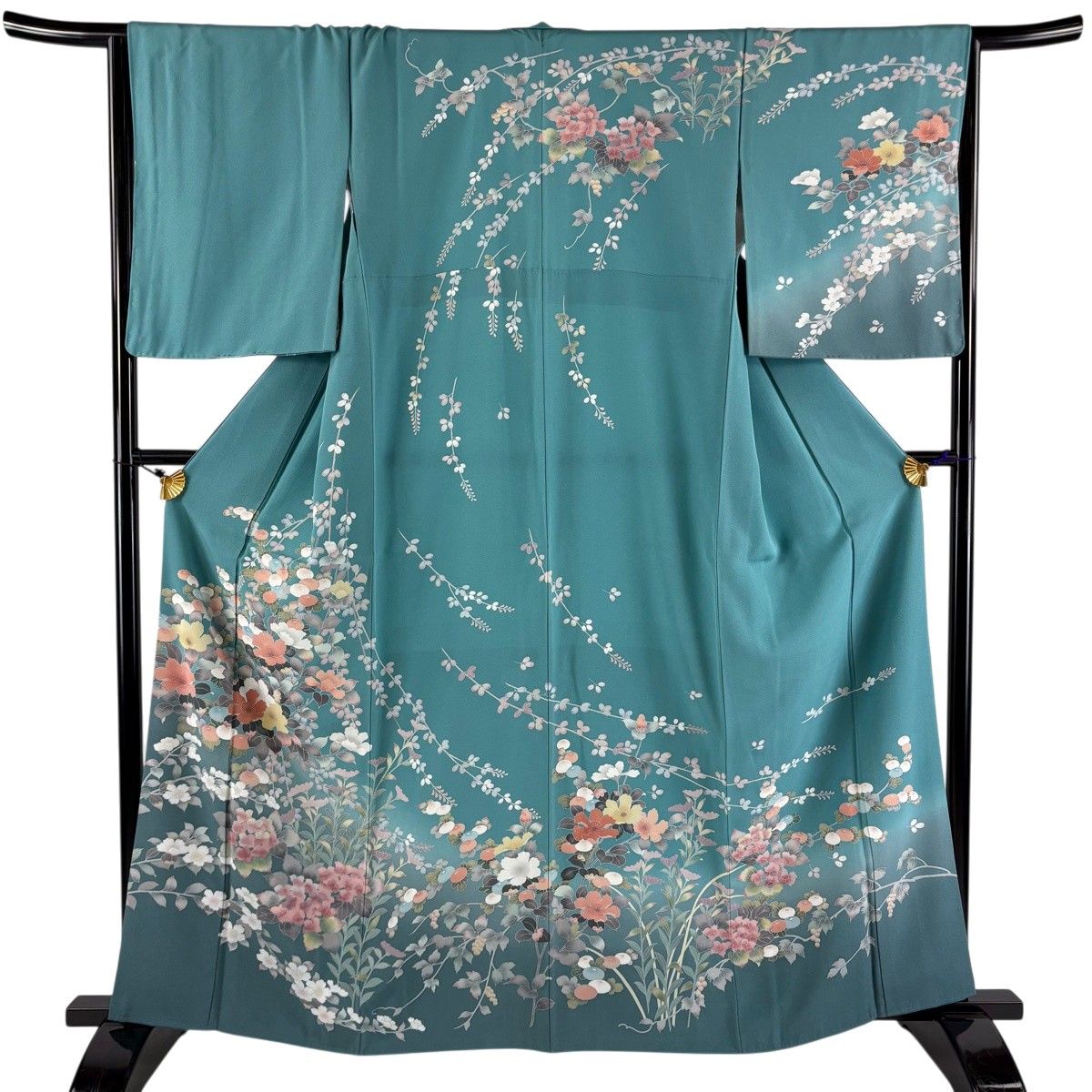 訪問着 身丈162cm 裄丈66.5cm M 袷 草花 紫陽花 ぼかし 青緑 正絹 秀品 