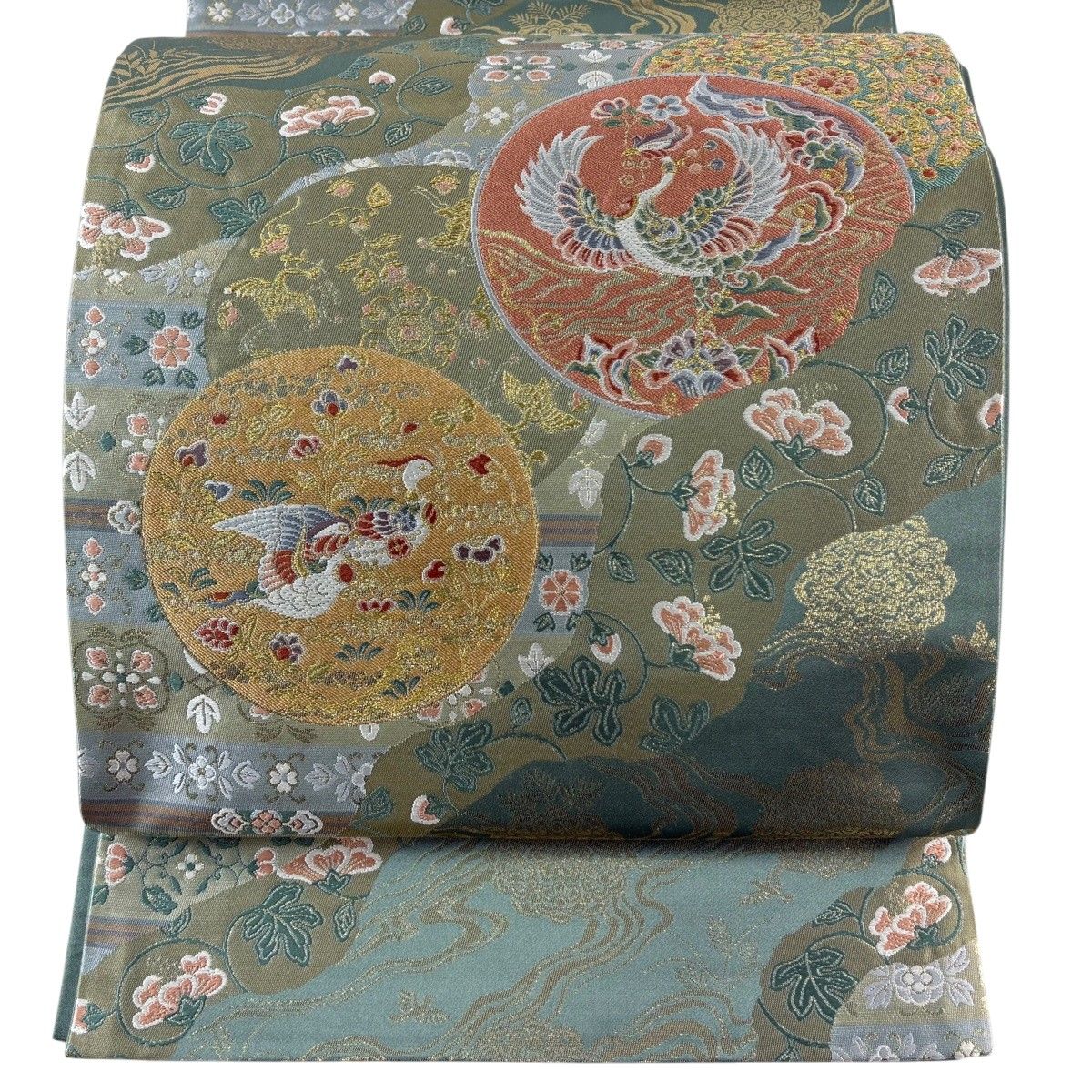 袋帯 美品 名品 鳳凰 草花 刺繍 箔 深緑 六通 正絹 【中古】 【公式通販】