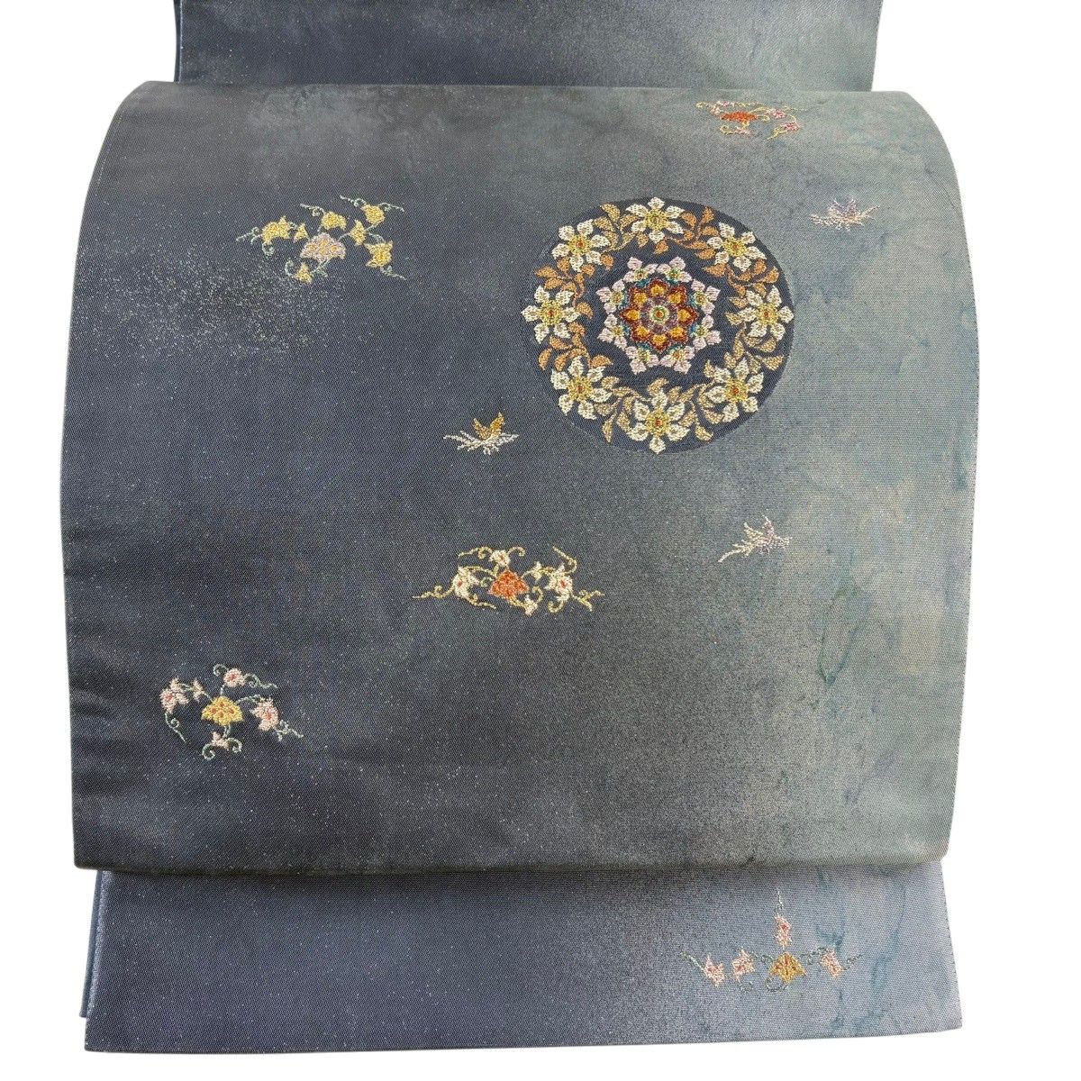 袋帯 美品 名品 桜 螺鈿箔 青灰色 お太鼓柄 正絹 【中古】 袋帯 秀品 