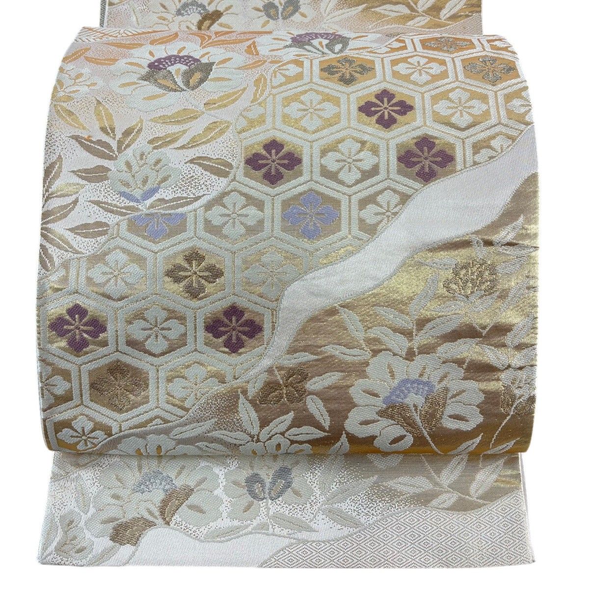 袋帯 秀品 草花 亀甲 金銀糸 箔 金色 六通 正絹 【中古】 - メルカリ