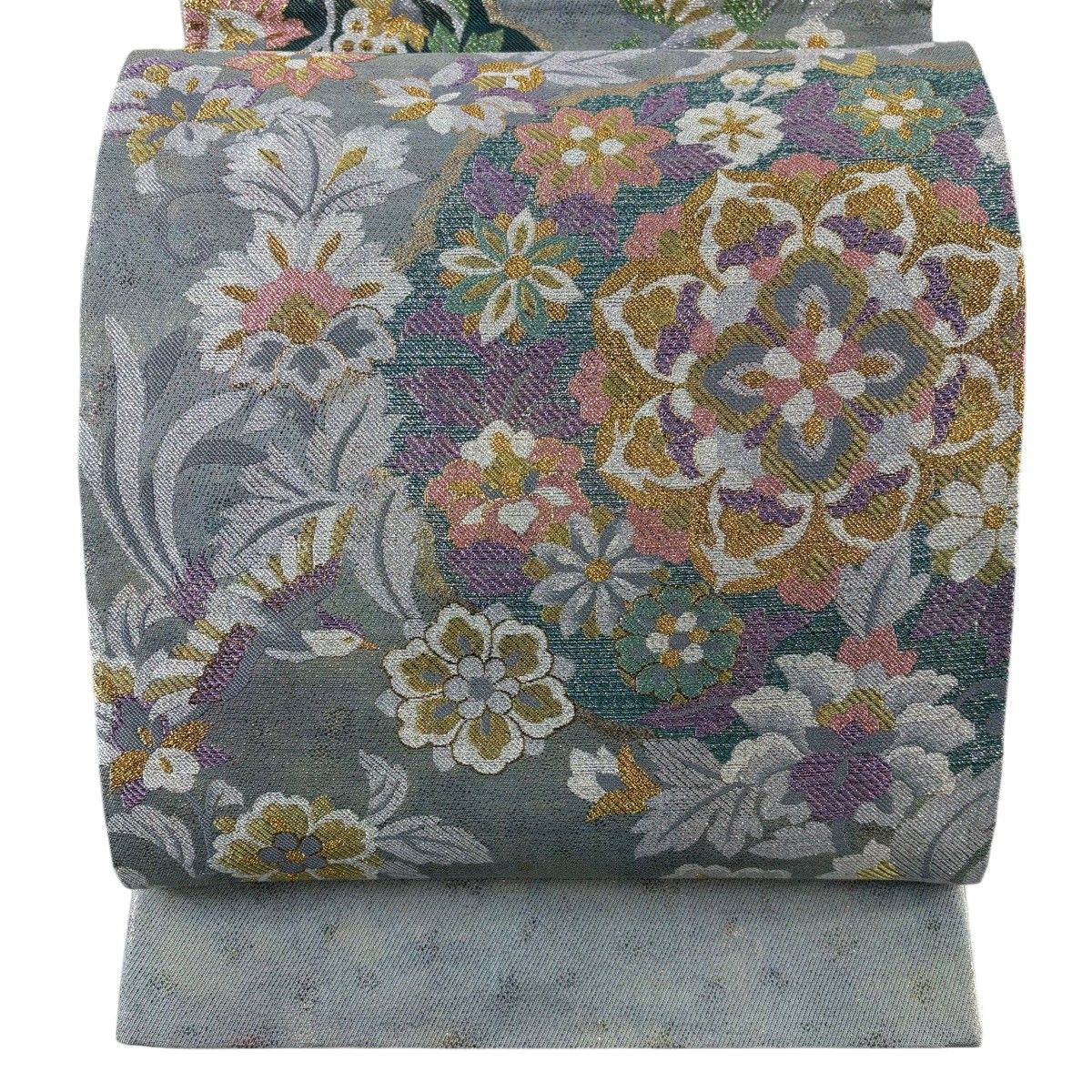 美品】 袋帯 秀品 証紙 華文 花鳥 金糸 箔 灰色 六通 正絹 【中古
