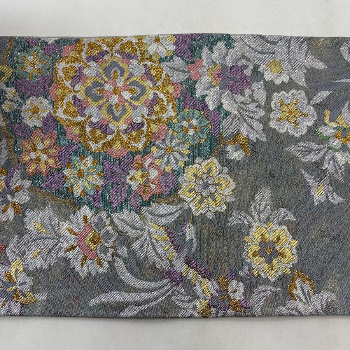 美品】 袋帯 秀品 証紙 華文 花鳥 金糸 箔 灰色 六通 正絹 【中古