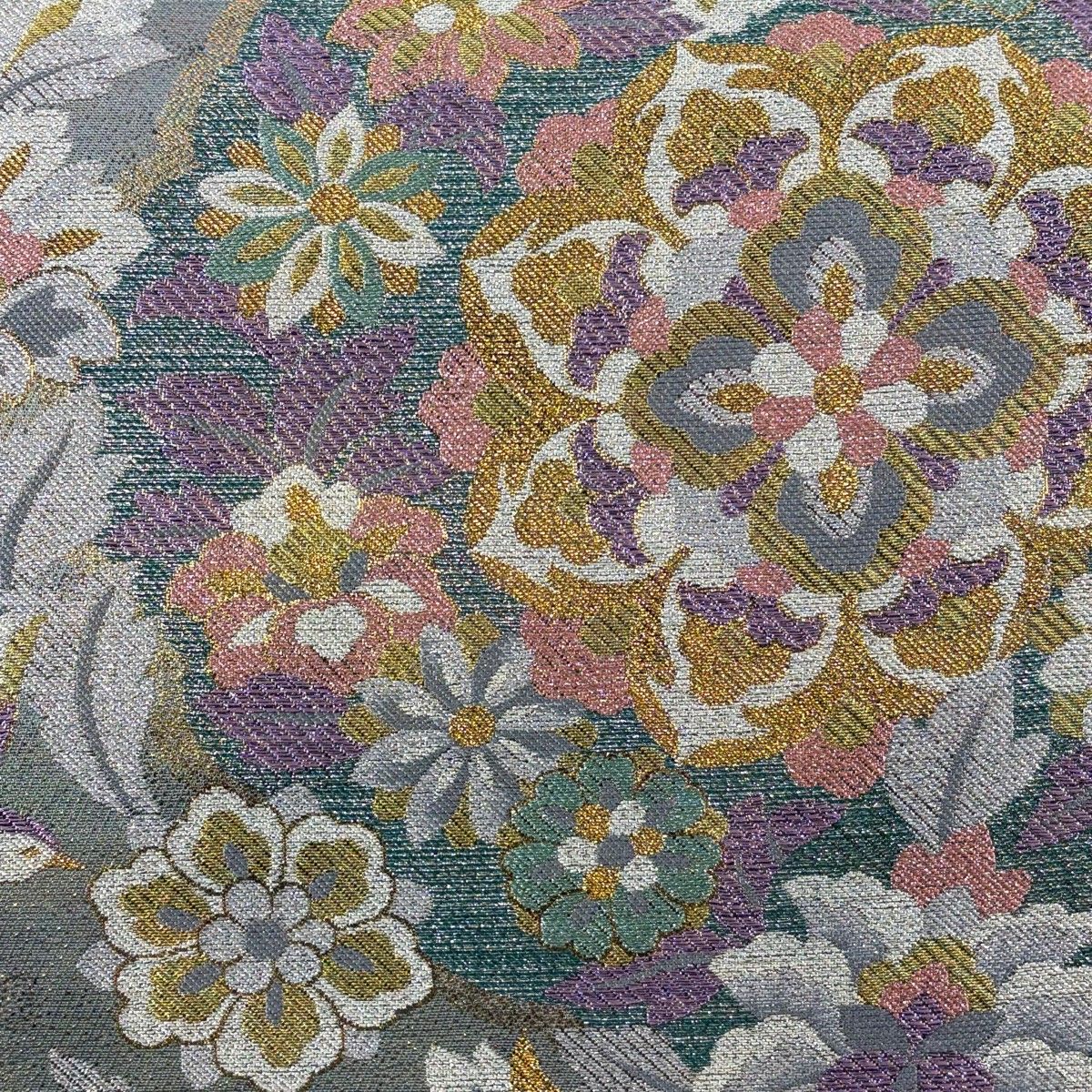袋帯 菱形に花唐草模様 金糸 紫烏色 O-6013 楽天市場】袋帯 美品 名品 しば草 花鳥 菱 唐織 金糸 灰紫 六通 正絹