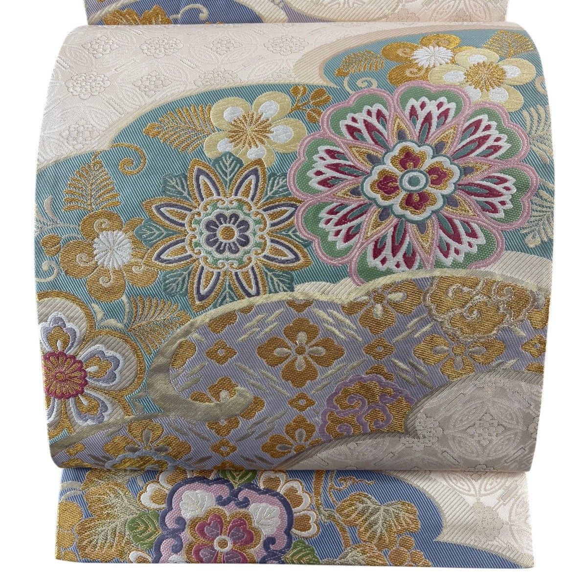 美品】 袋帯 秀品 振袖向き 華文 花菱 金糸 刺繍 ベージュ 六通 正絹 