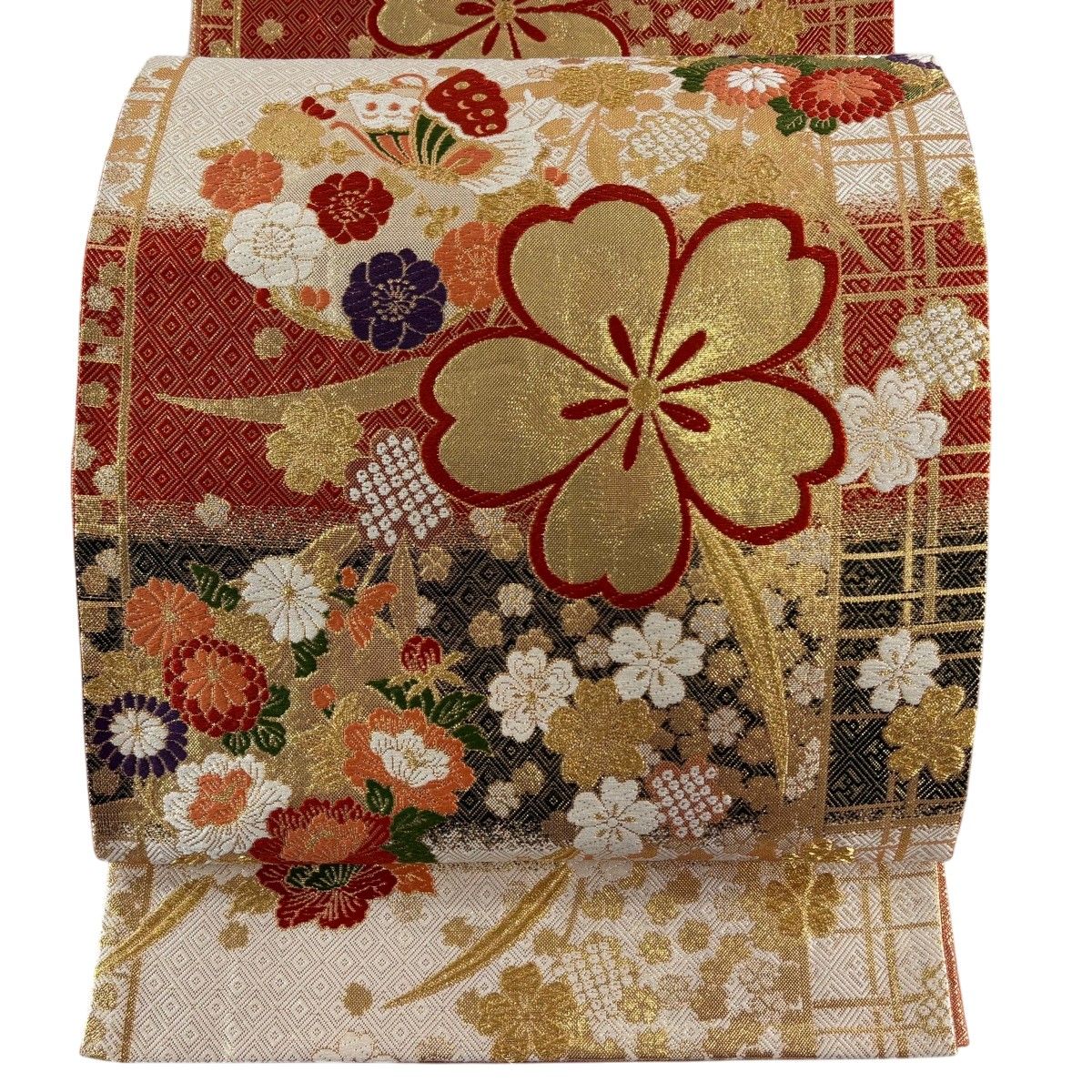 美品】 袋帯 秀品 振袖向き 桜 蝶 金糸 箔 金色 六通 正絹 【中古 